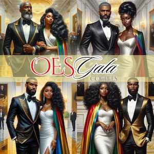 May include: Four couples dressed in formal attire, wearing black suits and white dresses with colorful capes, stand in a grand ballroom setting. The text "OES Gala Couples" is displayed in the center of the image.