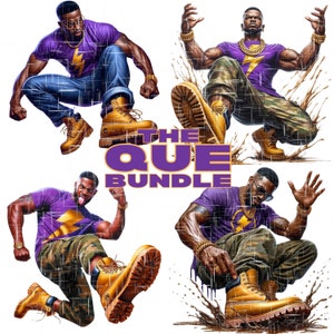 Könnte beinhalten: Vier Bilder einer Person, die ein lilafarbenes Shirt mit einem Blitz-Motiv, eine Khakihose und braune Arbeitsschuhe trägt. Der Text "THE QUE BUNDLE" befindet sich in der Mitte des Bildes.