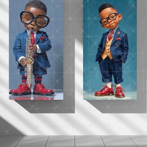 May include: Two framed art prints. One shows a boy in a blue suit playing a saxophone, red tie, and red shoes. The other shows a boy in a blue suit with a gold vest, red tie, and red shoes. Both wear large black glasses.