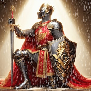 Peut inclure: Un chevalier en armure complète s'agenouille, tenant une épée. La cape et la tunique rouges du chevalier sont ornées d'or. Le bouclier présente un emblème doré sur fond noir. La pluie tombe autour du chevalier, éclairée par une lumière vive.
