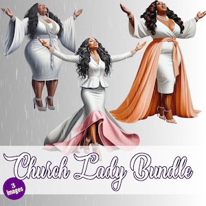 May include: Three digital illustrations of women in white dresses with different styles. The women are singing and have their arms raised. The background is a grey gradient with a rain effect.