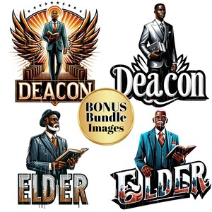 May include: Four digital illustrations of African American men in different religious roles. The top left image shows a man with wings behind him, standing on a staircase, with the word "Deacon" below. The top right image shows a man in a suit holding a book, with the word "Deacon" below. The bottom left image shows a man in a suit holding a book, with the word "Elder" below. The bottom right image shows a man in a suit holding a book, with the word "Elder" below.