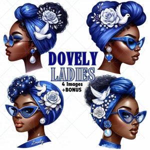 May include: Four digital illustrations of women with dark skin wearing blue turbans with white doves and flowers. The text "Dovey Ladies" is written in large letters with the text "4 Images + Bonus" written below it.