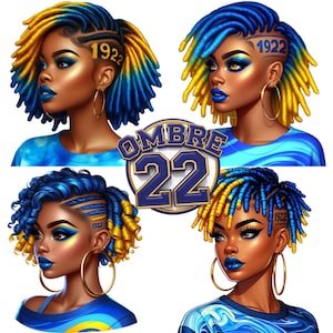 May include: Four digital illustrations of women with blue and yellow ombre hair styles. Each woman has a shaved side with the number 1922 on it. The text "OMBRE 22" is in the center of the image.