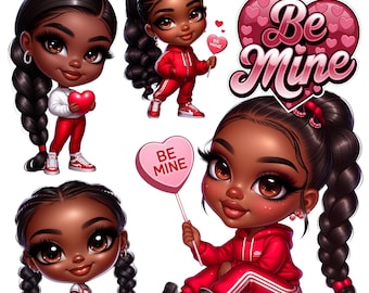 Chibi African American Valentine Girls PNG Clipart (Digital Download)