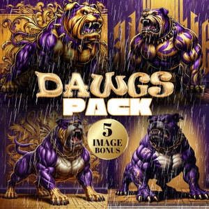 Puede incluir: Cuatro ilustraciones de bulldog púrpura y dorado con el texto "DAWGS PACK" y "5 IMAGE BONUS".