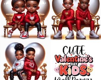 Cute Valentine's Kids II | Valentine | African American Girl and Boy | Ready to use images Wall Papers - Valentine Heart V1