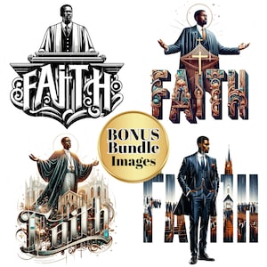 May include: Four digital illustrations of a man in a suit standing in front of a church with the word "FAITH" in large letters. The illustrations are in different styles, with one being black and white and the others being in color.