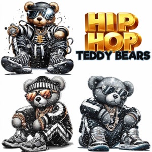 Hip Hop Teddy Bear DTG projekt koszulki do sublimacji - Hiphop PNG projekty koszulek - czarno-biały