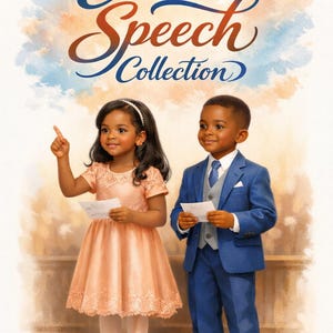 Op de afbeelding: Een illustratie toont twee kinderen die papieren vasthouden, waarschijnlijk scripts, met de tekst "Easter Speech Collection" erboven. Het meisje draagt een perzikkleurige jurk en de jongen een blauw pak. De achtergrond heeft een aquareleffect.