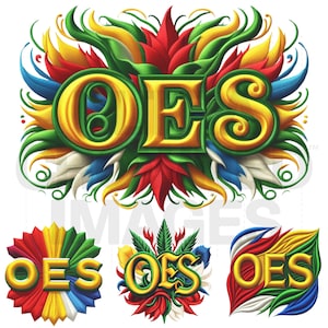 May include: A stylised logo featuring the letters "OES" in gold with green outlines. The letters are surrounded by a colourful floral design with red, yellow, green, blue and white accents.