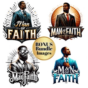 May include: Four different illustrations of a man of faith. Each illustration features a man in a suit with a cross on his lapel. The text "Man of Faith" is featured in each illustration.