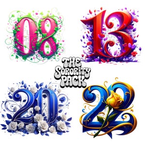 Peut inclure: Quatre chiffres différents, 08, 13, 20 et 22, sont représentés dans une police de caractères colorée et stylisée. Chaque chiffre est entouré d'éléments floraux, avec des couleurs et des motifs différents pour chaque chiffre. Le texte "THE SORORITY PACK" est affiché dans une police rétro.