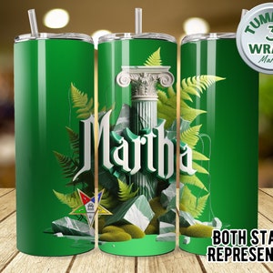 Puede incluir: Tres envolturas de vaso verde con la palabra "Martha" en una fuente estilizada. Las envolturas presentan una columna verde con un capitel, helechos verdes y una estrella masónica verde, amarilla y dorada. El texto "BOTH STARS REPRESENTED" está en la parte inferior de la imagen.
