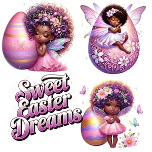 Puede incluir: Ilustración digital con tres figuras de hadas con piel oscura, alas y detalles florales. Se encuentran frente a huevos de Pascua decorados en tonos rosa, morado y dorado. También se muestra la frase "Sweet Easter Dreams".