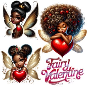 Può includere: Quattro illustrazioni digitali di fate nere con ali dorate e cuori rossi. Le fate hanno i capelli ricci castani e indossano corone. Il testo "Fairy Valentine" è scritto in lettere rosa e blu.