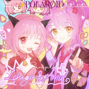 May include: A pink and white Polaroid-style print featuring two anime-style girls with pink hair. The print includes the text "POLAROID" at the top, and "Ichigo & Amu!" at the bottom. The dimensions are 8.9 cm x 10.2 cm.