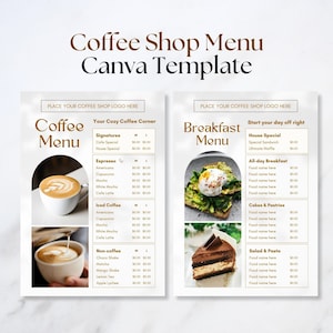 Modelo de cardápio de cafeteria, quadro de cardápio, cardápio tamanho A4, modelo Canva, cardápio, cardápio de café da manhã, lista de preços, simples e moderno