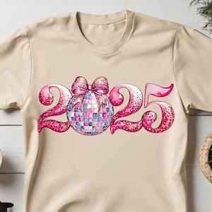 Feliz Año Nuevo 2025 (PNG), Bola de discoteca (PNG), Lazo rosa coqueto 2025 (PNG), Bola de discoteca de moda, Sublimación de lazo rosa, Año Nuevo retro