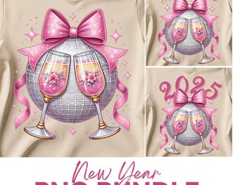 Paquete PNG de bola de discoteca 2025, PNG de Año Nuevo coqueto, Año Nuevo champán, Año Nuevo rosa retro, Sublimación de Año Nuevo 2025, Bola de discoteca de moda