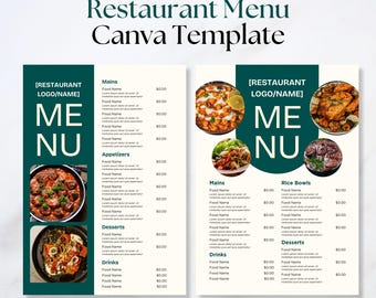 May include: A green and white restaurant menu template with a large circle in the centre that says "MENU". The menu is divided into sections for mains, starters, desserts, drinks, rice bowls, and more. The menu also includes images of food.