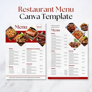 Plantilla de menú de restaurante, menú simple, plantilla de Canva, menú editable, menú de comida, menú moderno, lista de precios, menú de cafetería, menú tamaño A4, menú rojo