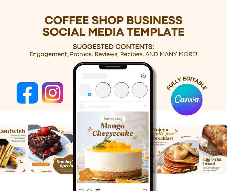 Coffee Shop Template, Instagram Template, Canva Template, Cafe Instagram Templates, Food, Restaurant, Social Media Templates, Post Template