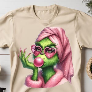 Mama Grinch, Very Demure Grinchmas, Pink Grinch Blowing Bubble PNG, Vintage Christmas, Pink Grinch With Sunglasses, Christmas Sublimation