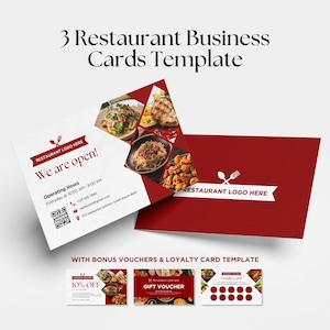 Cartões de visita para restaurantes, código QR, cartão de fidelidade, voucher, design minimalista de cartão de visita, modelo de cartão para impressão, modelo editável do Canva