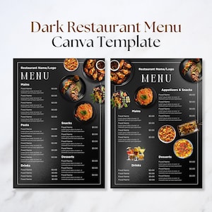 Plantilla de menú de restaurante oscuro, menú de bar, plantilla de Canva, menú tamaño A4, lista de precios, menú editable, menú simple, menú moderno, menú de cafetería, comida