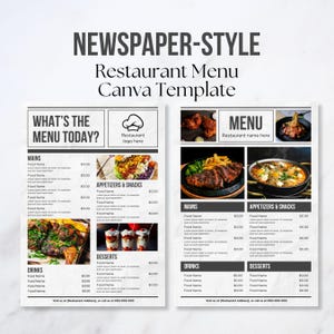 Plantilla de menú de restaurante moderno, menú de periódico, plantilla de Canva, lista de precios, menú editable, menú tamaño A4, menú de comida, menú simple, menú de cafetería