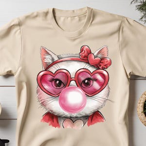 Pink Cat Blowing Bubble PNG, Valentine Cat Png, Cat Mom Shirt, Cat With Heart Sunglasses Png, Cat Lover Png, Mother&#39;s Day Gift, Cat Mama PNG