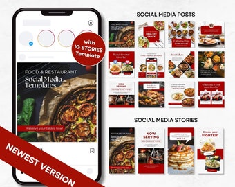 Może przedstawiać: Zbiór szablonów postów i historii w mediach społecznościowych przeznaczonych dla restauracji i firm spożywczych. Szablony zawierają zdjęcia jedzenia, wnętrz restauracji i nakładki tekstowe. Tekst zawiera frazy takie jak "Zdrowy przekąsek", "Dzień Ojca", "Najlepiej sprzedające się", "Teraz serwowane" i "Wybierz swojego wojownika!"
