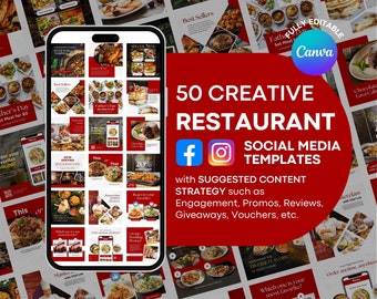 May include: A collection of 50 red and white social media templates for restaurants. The templates feature images of food, text, and icons. The text includes "50 Creative Restaurant Social Media Templates", "with Suggested Content Strategy such as Engagement, Promos, Reviews, Giveaways, Vouchers, etc.", and "Fully Editable Canva".