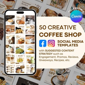Könnte beinhalten: Eine Collage aus 50 Social-Media-Vorlagen für Coffee Shops. Die Vorlagen zeigen Bilder von Kaffee, Gebäck, Sandwiches und anderen Lebensmitteln. Die Vorlagen sind für die Verwendung auf Facebook und Instagram konzipiert. Der Text "50 KREATIVE COFFEE SHOP SOCIAL MEDIA TEMPLATES" ist in brauner Schrift auf weißem Hintergrund dargestellt. Der Text "mit VORGESCHLAGENER INHALTSSTRATEGIE wie Engagement, Aktionen, Bewertungen, Gewinnspiele, Rezepte usw." ist in schwarzer Schrift auf weißem Hintergrund dargestellt.