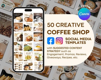 May include: A collage of 50 social media templates for coffee shops. The templates feature images of coffee, pastries, sandwiches, and other food items. The templates are designed to be used on Facebook and Instagram. The text "50 CREATIVE COFFEE SHOP SOCIAL MEDIA TEMPLATES" is displayed in brown text on a white background. The text "with SUGGESTED CONTENT STRATEGY such as Engagement, Promos, Reviews, Giveaways, Recipes, etc." is displayed in black text on a white background.
