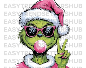 Grinchmas rosa soplando burbujas PNG, sublimación navideña vintage, Navidad divertida, Grinch rosa con gafas de sol, descarga digital, chico verde