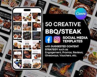 May include: A collection of 50 social media templates for promoting BBQ and steak restaurants. The templates feature images of grilled food, text overlays, and social media icons. The text "50 CREATIVE BBQ/STEAK SOCIAL MEDIA TEMPLATES" is displayed in large, bold letters.