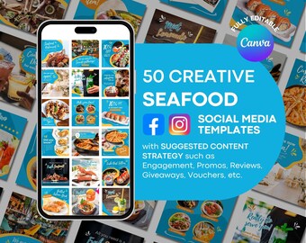 May include: A smartphone displays a grid of seafood restaurant social media templates. The templates are in shades of blue and yellow, with images of various seafood dishes. Text reads "50 Creative Seafood Social Media Templates."
