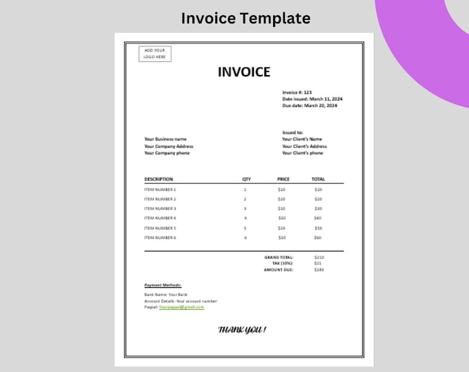 Invoice Template | Microsoft WORD I Business Invoice I Editable and ...