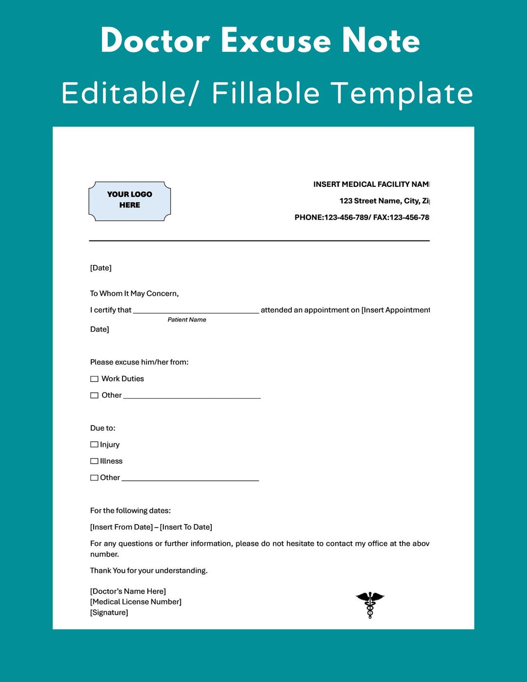 Editable Doctor Excuse Note for Work, Doctors Note for Work & School ...