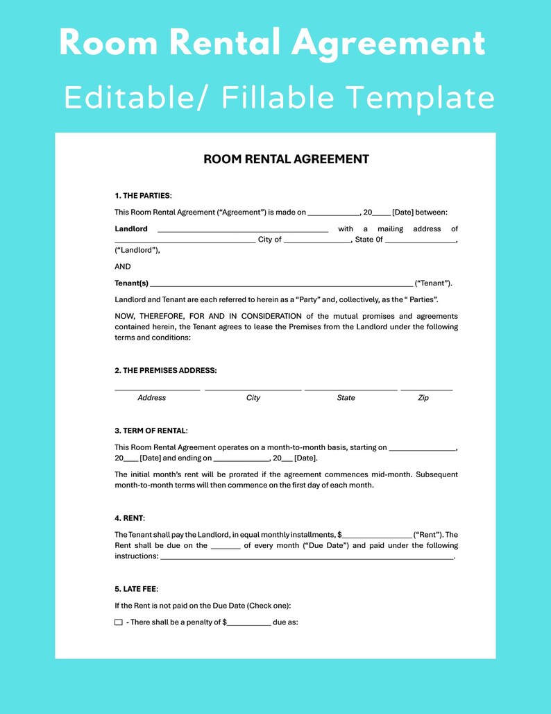 Secondary Address Rent Example Editable Room Rental Agreement Template (digital Download) - Etsy