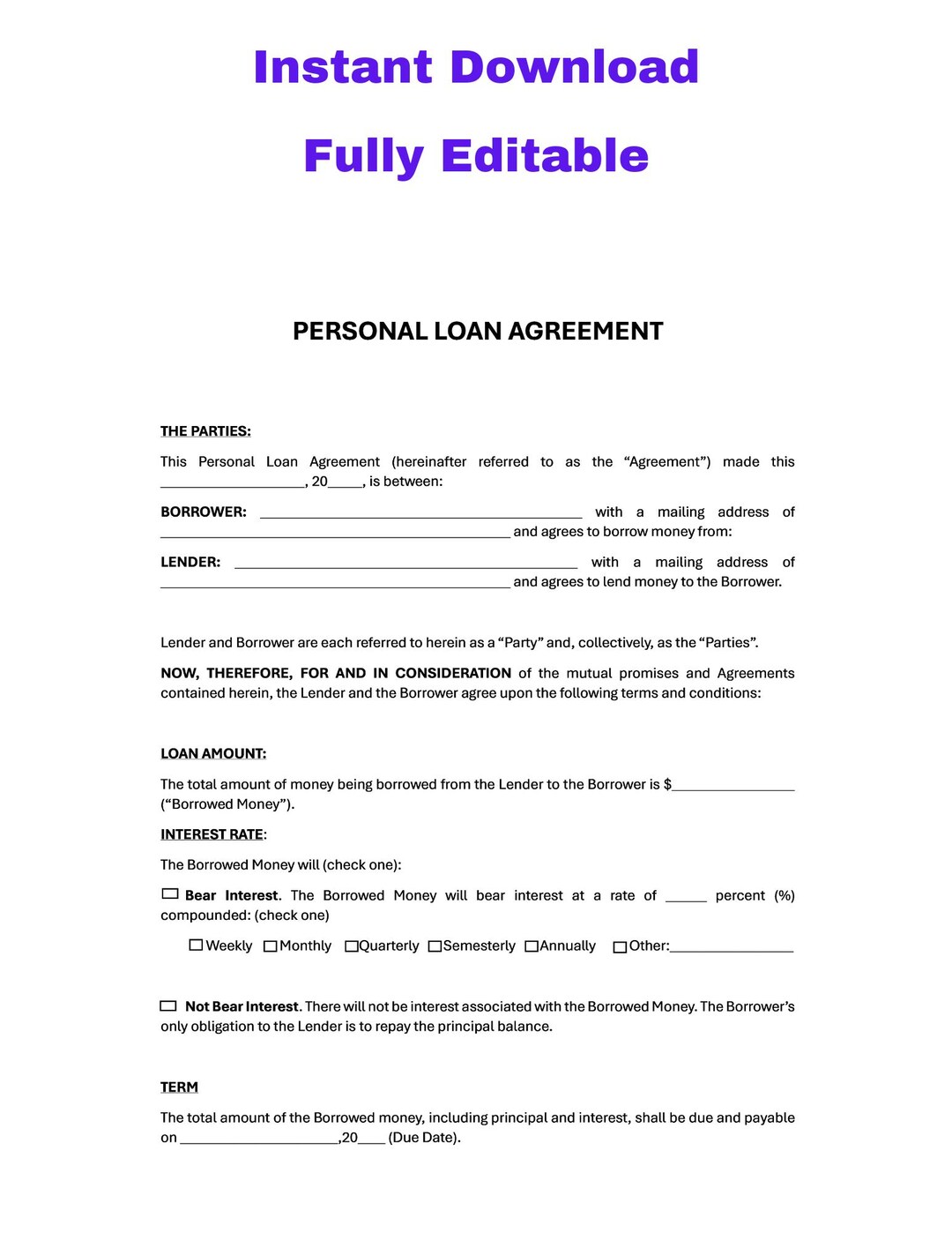 Editable Personal Loan Agreement Template (digital Download) - Etsy
