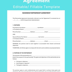 Business Partnership Agreement, Partnership Agreement Form, Partnership Contract, Contract Template for LLC, Sole, and General Partnership