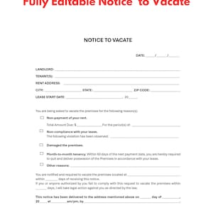 Notice To Vacate Letter, Eviction Notice, Landlord Notice to Quit, Notice to Vacate by Tenant, Instant Download, Microsoft Word