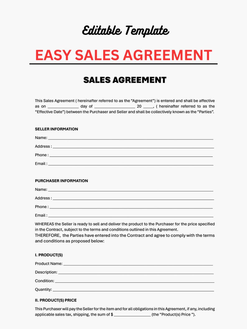 Sales Agreement, Printable Contract, Purchase Contract, Sale of Goods ...