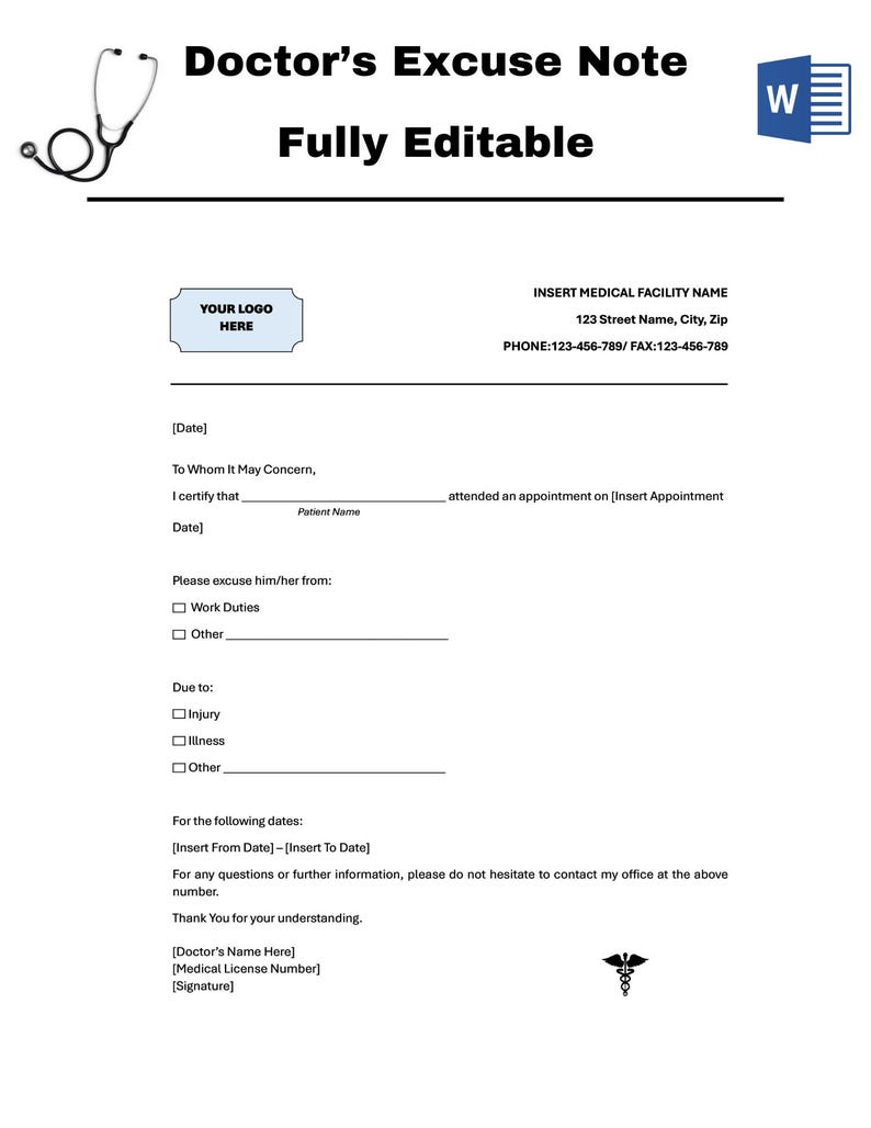 Editable Doctor Excuse Note for Work, Doctors Note for Work & School ...