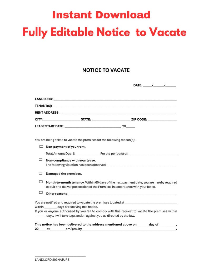 Notice to Vacate Letter, Eviction Notice, Landlord Notice to Quit, Notice to Vacate by Tenant