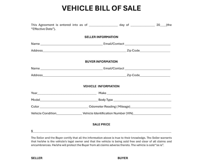 Motor Vehicle Bill of Sale Motor Vehicle Purchase Agreement Bill of