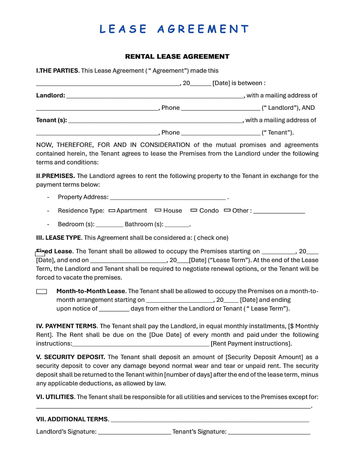 Rental Agreement Editable, Landlord Form, Lease Agreement Printable